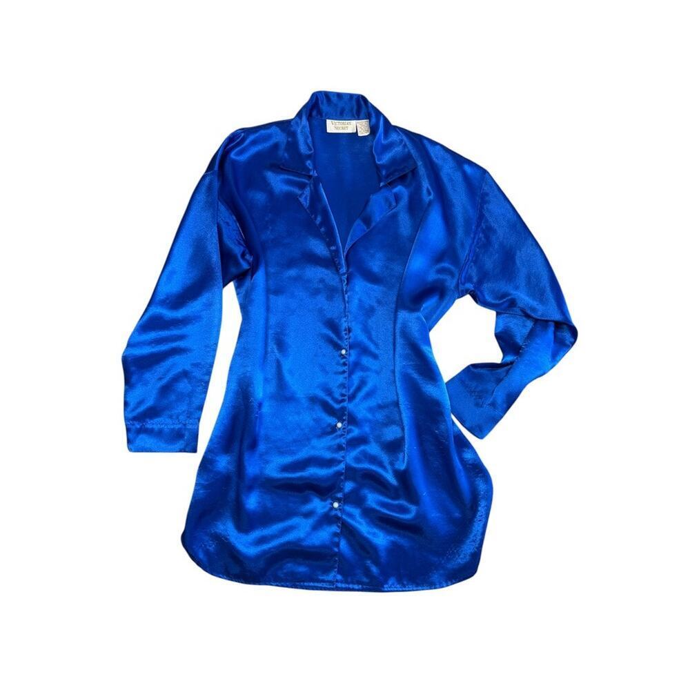 Vintage Gold Label Victoria's Secret Satin Royal Blue Lg Sleeve Nightgown Small - Picture 4 of 8